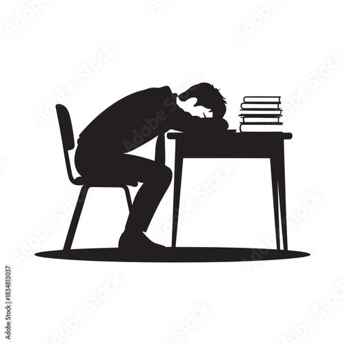 Student exhausted and asleep at desk with books