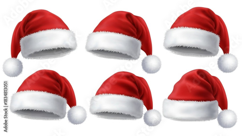 Realistic set of red santa hats. New Year red hat. - stock vector.