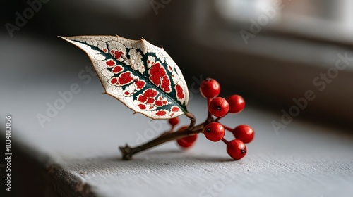 Close up macro shot of a holly leaf with red berries on a textured surface blurred background