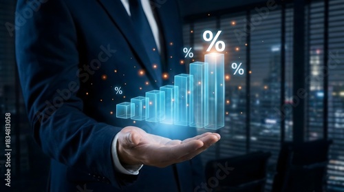 Wallpaper Mural Highlighting financial growth and increasing interest rates or profit margins, represented by a businessman holding an illuminated percentage bar chart. Torontodigital.ca