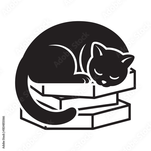 Black cat sleeping peacefully on a stack of books