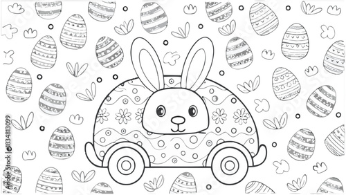 Cute cartoon bunny in a car surrounded by decorated easter eggs and spring foliage for coloring