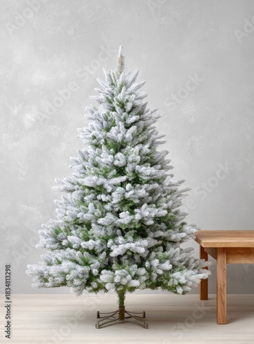 Flocked artificial Christmas tree indoors