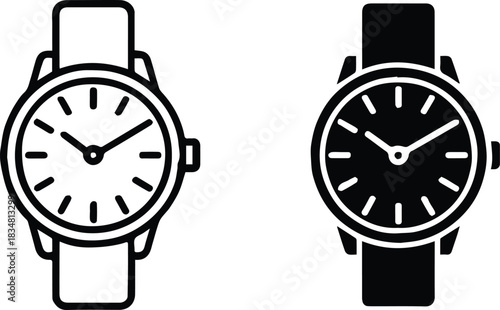 watch wristwatch minimal line art and solid silhouette vector