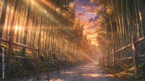 Vibrant Colorful Anime Japanese Bamboo Forest and Grove Path with Sunset and Wooden Fence - Magical Fantasy Scenery Wallpaper Background