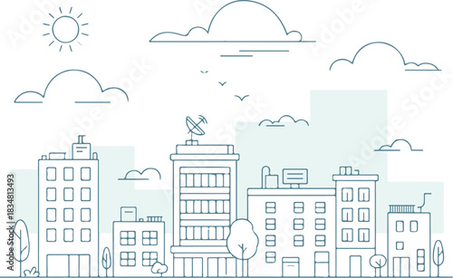 cityscape simple line drawing of buildings trees clouds and birds