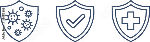 shield set with virus protection checkmark and medical cross icon