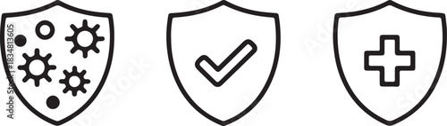 shield trio icons showing virus checkmark and medical cross symbols