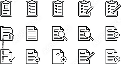 Document, Clipboard, and File Management Icons, Minimal document, business and planning tools icon collection, Five Document and Checklist Icons
