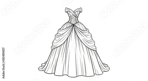 Intricate line drawing showcasing the design of an elegant ball gown with a lace bodice