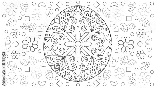 Intricate black and white outline of an easter egg adorned with floral patterns and surrounded by decorative elements like flowers leaves and hearts