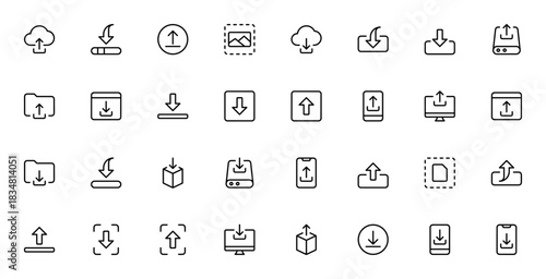 Cloud Networking icon set. Minimal vector line iconspack. Includes symbols forstorage, upload, download,save, export, file transfe and more. Editable stroke