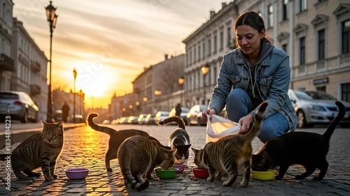 Volunteer kindly feeds stray cats during a golden sunset on a city street