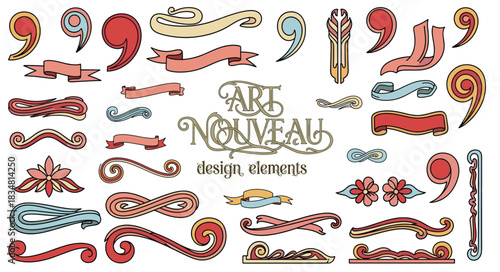 Art nouveau frame collection with flowing botanical ornaments and curved ribbons for vintage decoration or wedding design. Elegant borders with flowers and organic swirls for classic certificates