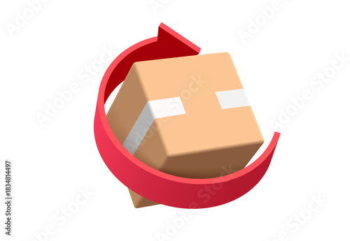 red arrow rotates around parcel box or cardboard box to represent recycling of paper or to signify that parcel box is being returned to sender,vector 3d isolated for logistics,delivery concept design