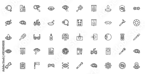 Optometrist icon set. Eye care vector icons pack. Inludes symbols for eye test contact lens, prescriptio glasses, laser surgery, dy eyes and more. Editable troke.