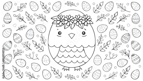 Cute hand drawn outline of a chick wearing a flower crown surrounded by decorative easter eggs and branches