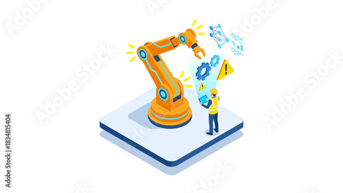 Isometric robotic arm controlled by engineer with tablet. Industrial automation, manufacturing process, machine learning and artificial intelligence concept