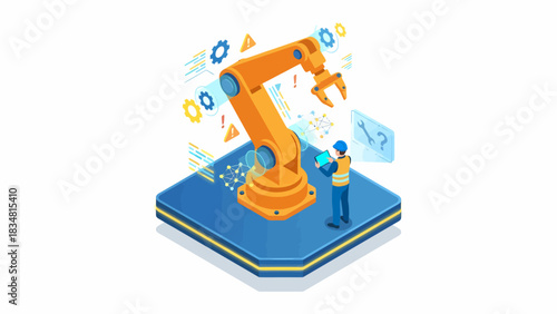 Isometric industrial robot arm controlled by engineer with tablet, automated manufacturing and smart factory concept