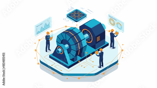 Isometric Electric Motor Maintenance: Engineers Analyzing Data on Digital Interface - Industrial Technology and Engineering Illustration