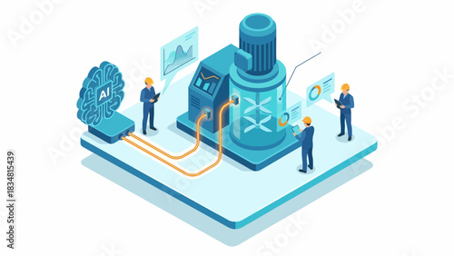 Isometric AI-Powered Industrial Automation: Engineers Overseeing Smart Factory Production with Analytics Dashboards