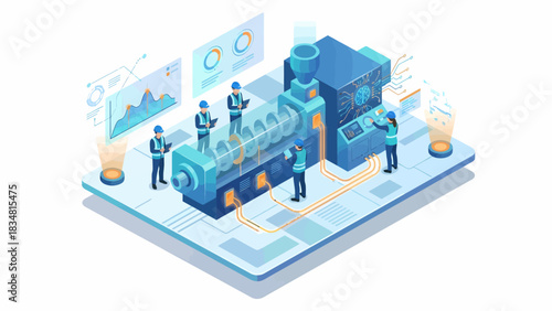Isometric Automated Factory: Engineers Analyzing Production Data & Operating Machinery for Manufacturing Process Optimization