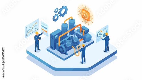 Isometric AI-Powered Industrial Machine Maintenance by Engineers, Data Analysis and Automation in Modern Factory