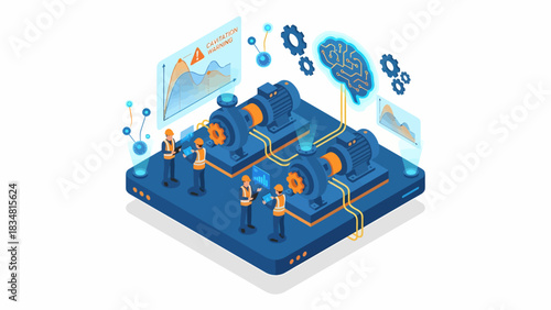 Isometric Smart Industry: AI-Powered Pump Maintenance with Technicians & Data Visualization. Predictive Analytics for Manufacturing Efficiency.