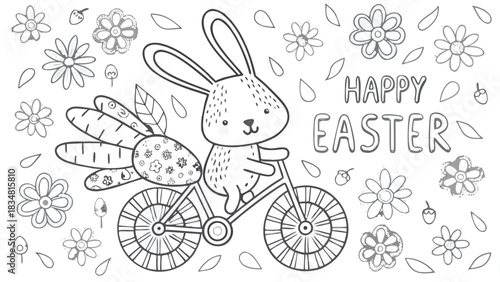 Cute cartoon bunny riding a bicycle with a carrot basket and happy easter text surrounded by flowers and leaves