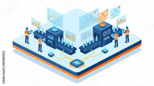 Isometric AI-powered Factory Automation: Smart Manufacturing with Robots, Conveyor Belts, and Data Analytics Dashboards