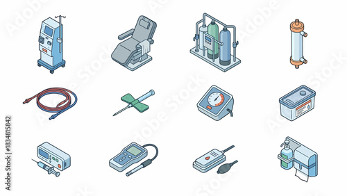 Isometric Dialysis Equipment Collection: Medical Technology and Healthcare Illustration