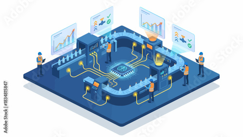 Isometric Automated Factory Production Line with Engineers Monitoring Data Analytics and AI-Powered Optimization