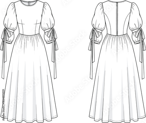 Puff sleeve midi dress technical fashion sketch with tie detail and back zipper, garment design template, CAD drawing flat vector illustration