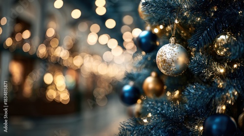 Christmas tree with baubles and blurred sparkling lights