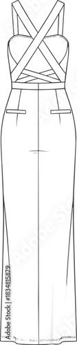 Strappy cut out bodycon dress technical fashion sketch with crossover details, garment design template, CAD drawing flat vector illustration for designers