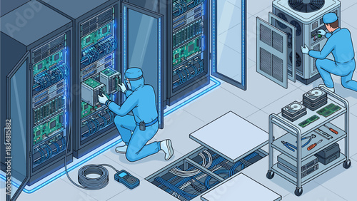 Isometric illustration of data center engineers maintaining server racks and cooling system in cleanroom environment