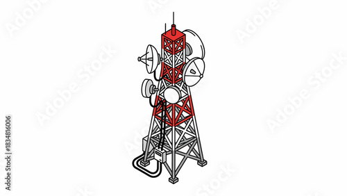 Isometric Telecommunications Tower Illustration: Wireless Communication, Broadcasting, and Network Infrastructure