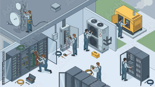 Isometric view of technicians maintaining telecommunications and server equipment: network infrastructure, data center maintenance, power generator inspection.