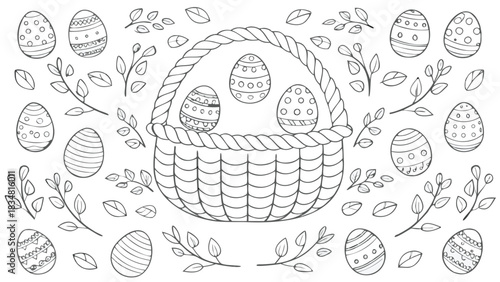 Hand drawn outline illustration of a woven easter basket filled with decorative eggs surrounded by branches and leaves on a white background