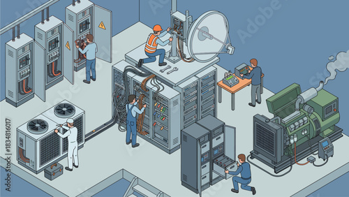 Isometric Illustration: Technicians Maintaining Critical Infrastructure - Power Generator, Server Room, Electrical Panels, and Satellite Dish