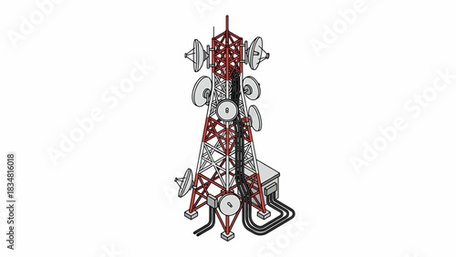 Isometric Telecommunications Tower Vector Illustration for Network Infrastructure and Communication Technology