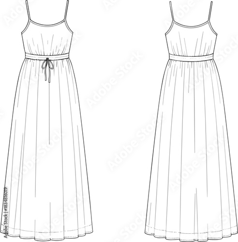 Spaghetti strap maxi dress technical fashion sketch with waist tie detail, garment design template, CAD drawing flat vector illustration for designers
