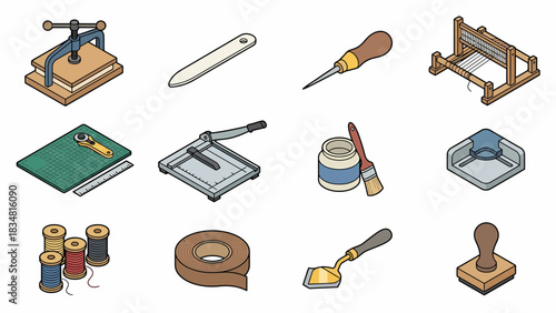 Isometric bookbinding tools collection for craft projects, DIY hobbies and artisanal business presentations