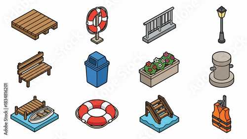Isometric Nautical Elements Set: Dock, Boat, Lifebuoy, Bench, and Pier - Vector Illustration for Game Design and Infographics