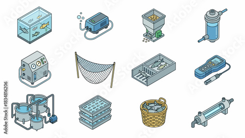 Isometric Aquaculture Equipment Icons: Fish Farming Technology & Fish Hatchery Tools for Sustainable Seafood Production and Modern Aquafarming