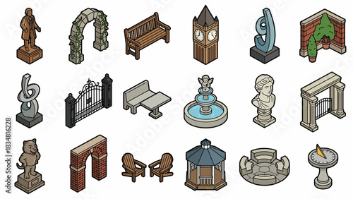 Isometric Park Elements Collection: Statues, Fountains, Benches and Gazebo for Landscape Design and Architectural Visualization