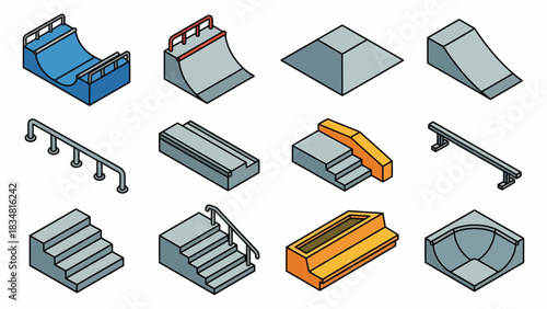 Isometric Skateboard Park Elements Vector Illustration - Skate Ramp, Rail, Stairs, Halfpipe Icons for Design and Web