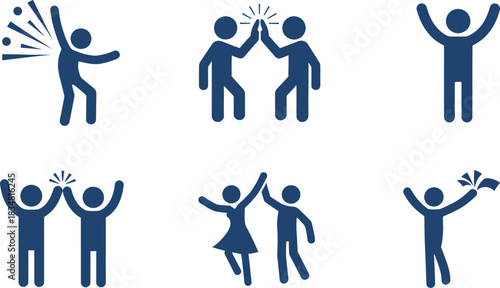 A collection of six vector icons depicting people in various celebratory poses. These icons represent joy, success, teamwork, and achievement. 