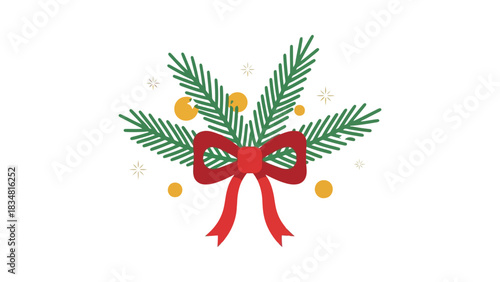 Evergreen arrangement with red bow and golden balls for adornment