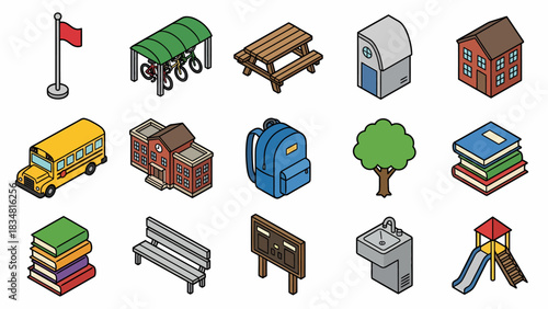 Isometric School Objects: Education, Learning, and Campus Life Illustration